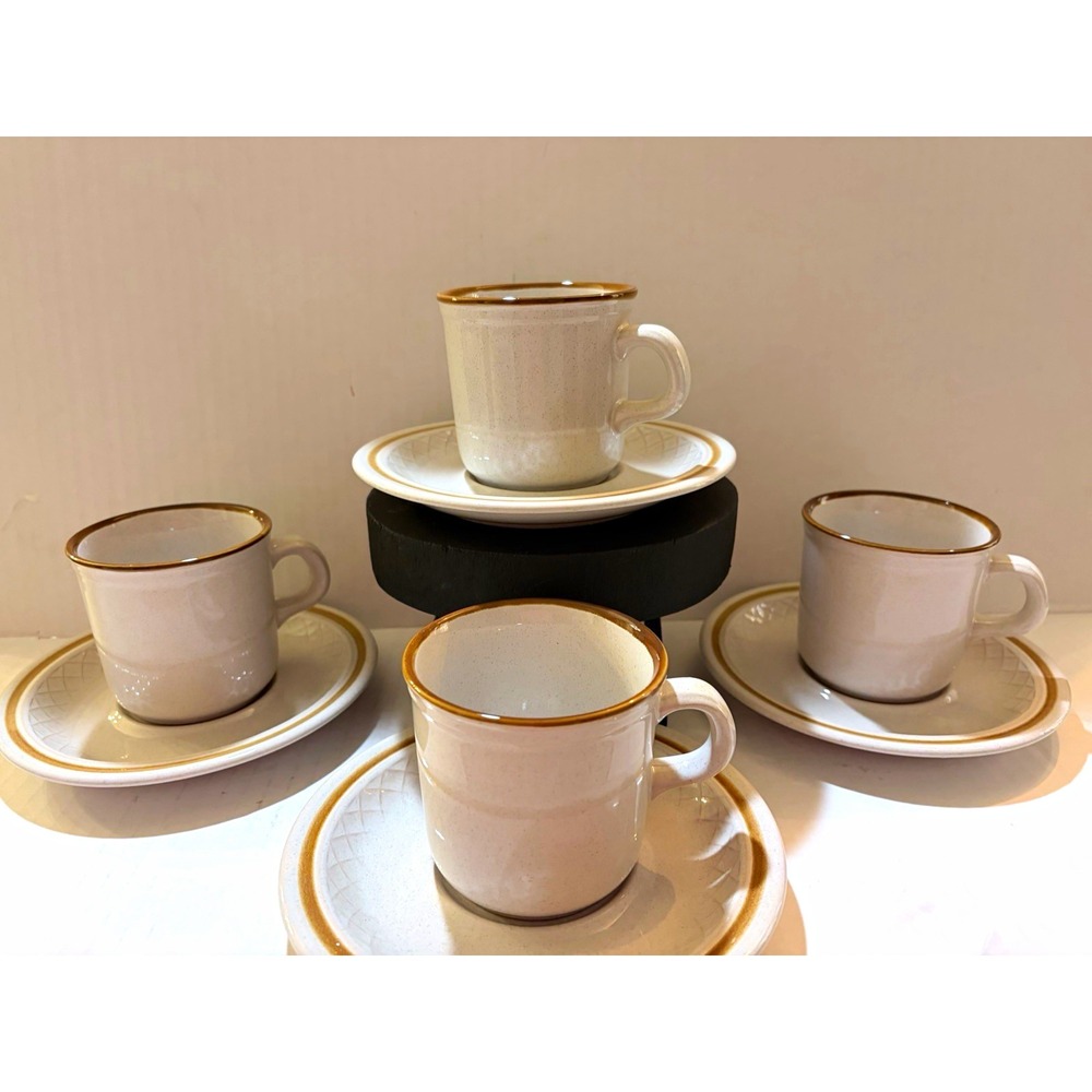 Vintage Speckled Stoneware Cups & Saucers - Set of 4 - Brown Trim Japan